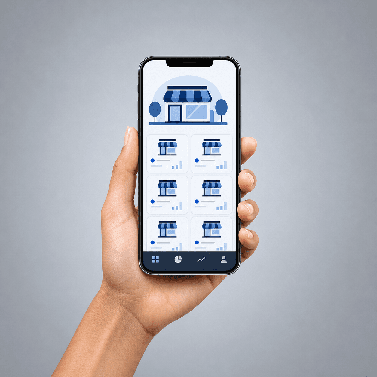 A hand holding a smartphone with a storefront dashboard representing franchise businesses