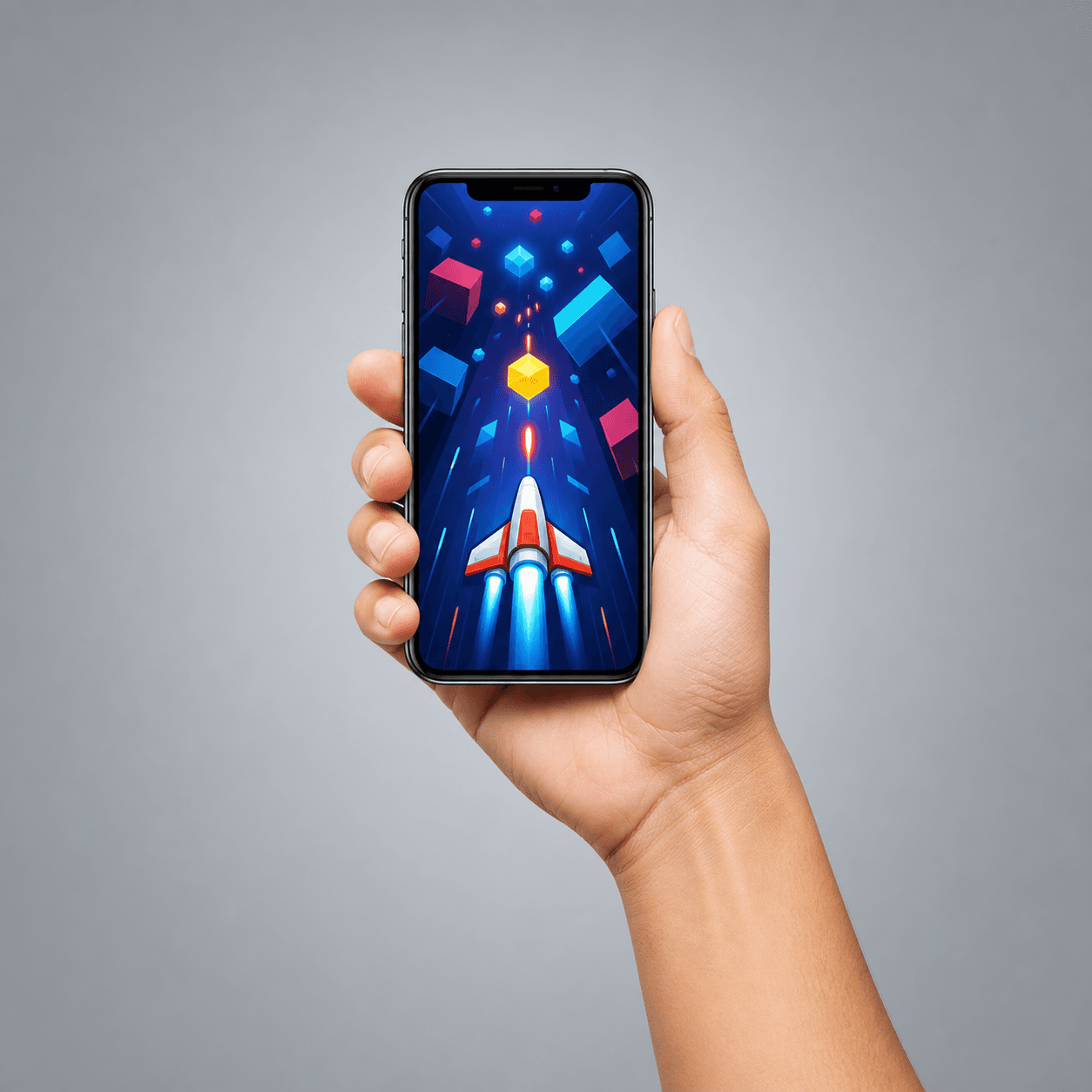 A hand holding a smartphone with a game screen representing the gaming industry