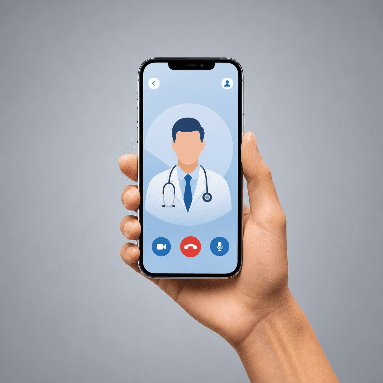 A hand holding a smartphone with a telemedicine call screen representing the telemedicine industry