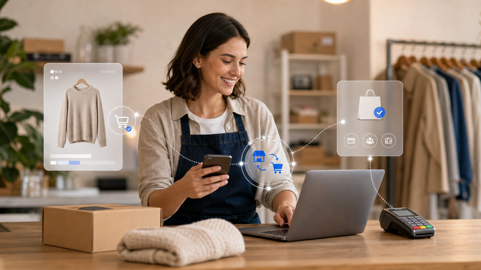 A woman using omnichannel payment processing systems from American PaySave to pay for inventory on her laptop
