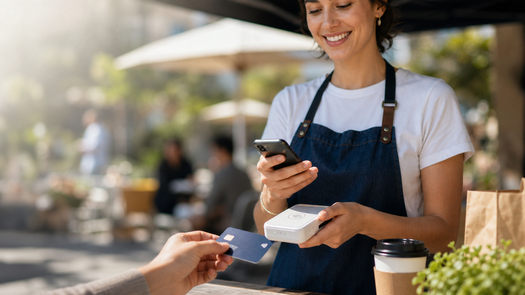 A woman at a food stand handing a customer back his credit card 